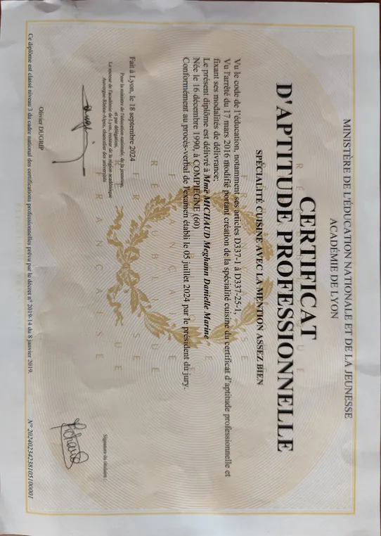 Diplôme du CAP Cuisine de Meghann