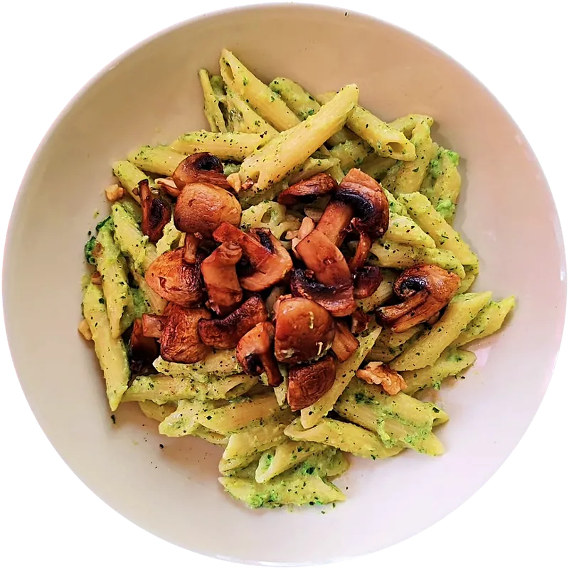 Penne, crème de courgette et champignons