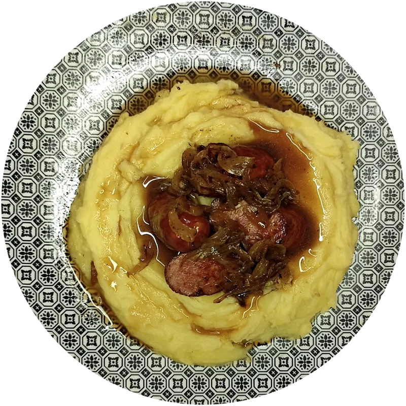 Purée, saucisse de Montbéliard et jus